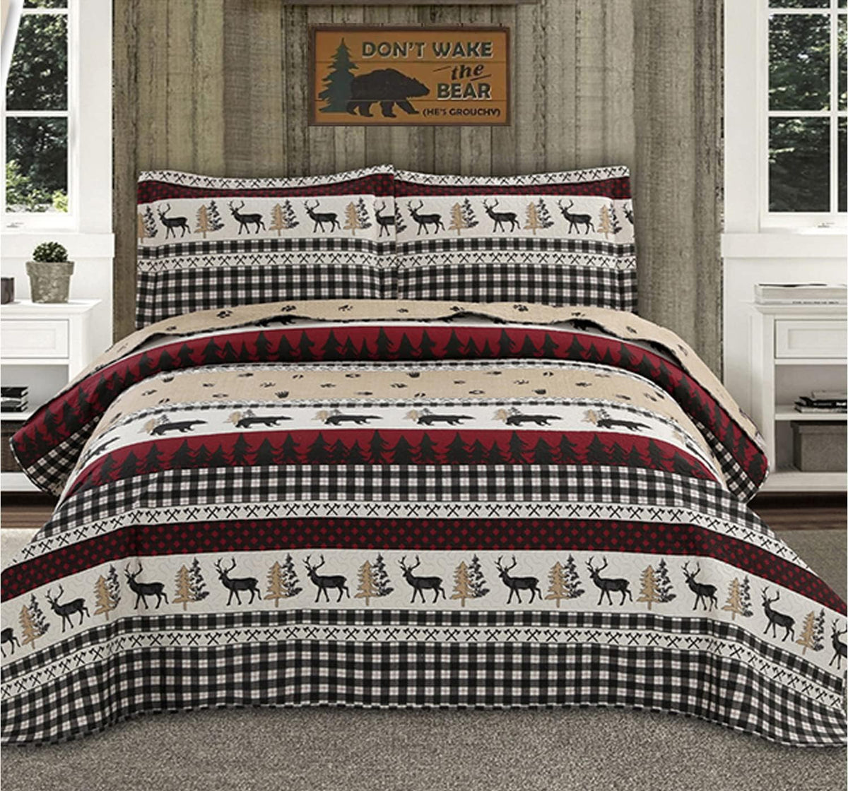 Full/Queen Size Plaid Quilt Set Black White Patchwork Bedspread M907380