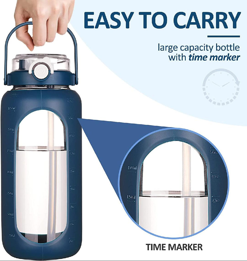 64oz Glass Water Bottle with Straw Time Marker Half Gallon 2L Dark Blue M9918
