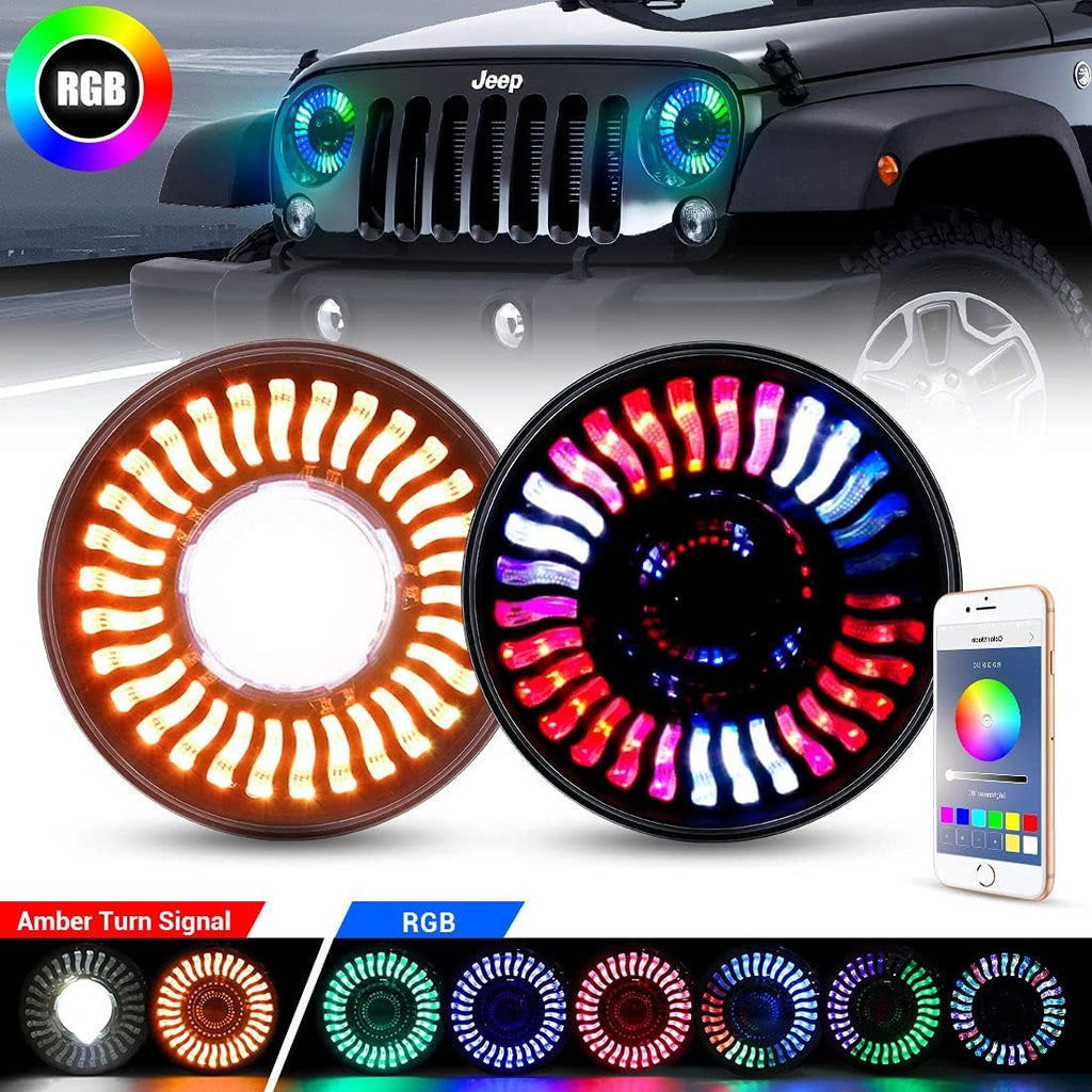7 Inch Round LED Headlight with Amber Turn Signal, High Low Beam 2PCS R959356