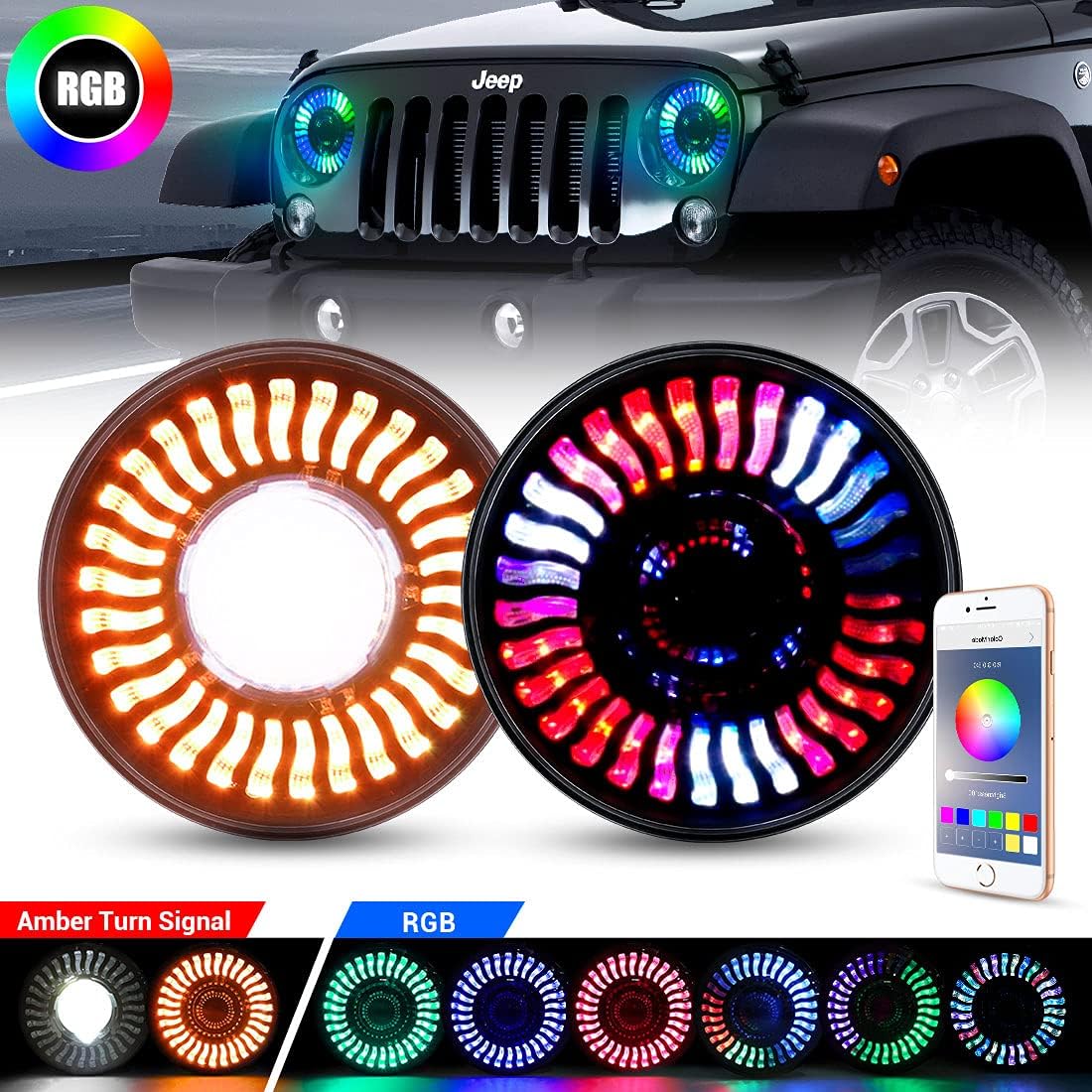 7 Inch Round LED Headlight with Amber Turn Signal, High Low Beam 2PCS R959356