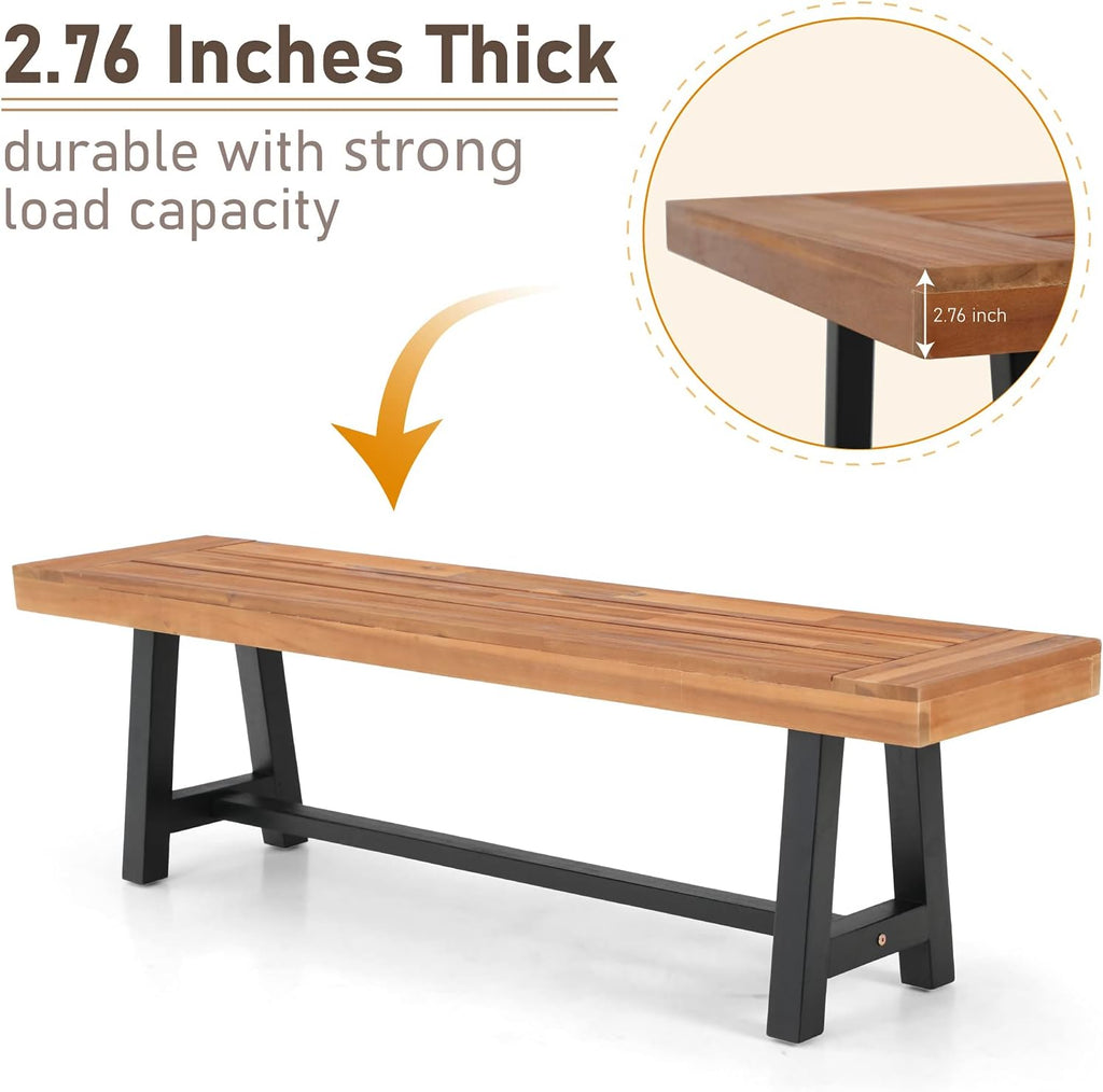 Outdoor Patio Bench Set of 2 Acacia Wood 63 Long Rectangular Dining Bench D37485