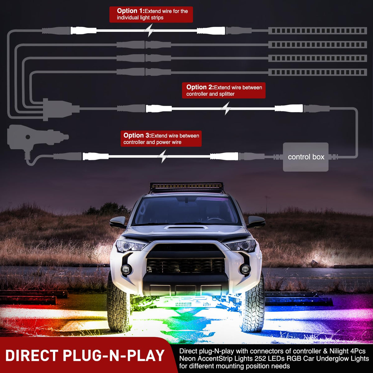 2 Pack 5FT 4 Pin Extension Cable Cord for Car Underglow Neon Accent Strip Lights 252 LEDs RGB 8 Color Wire Harness O16336