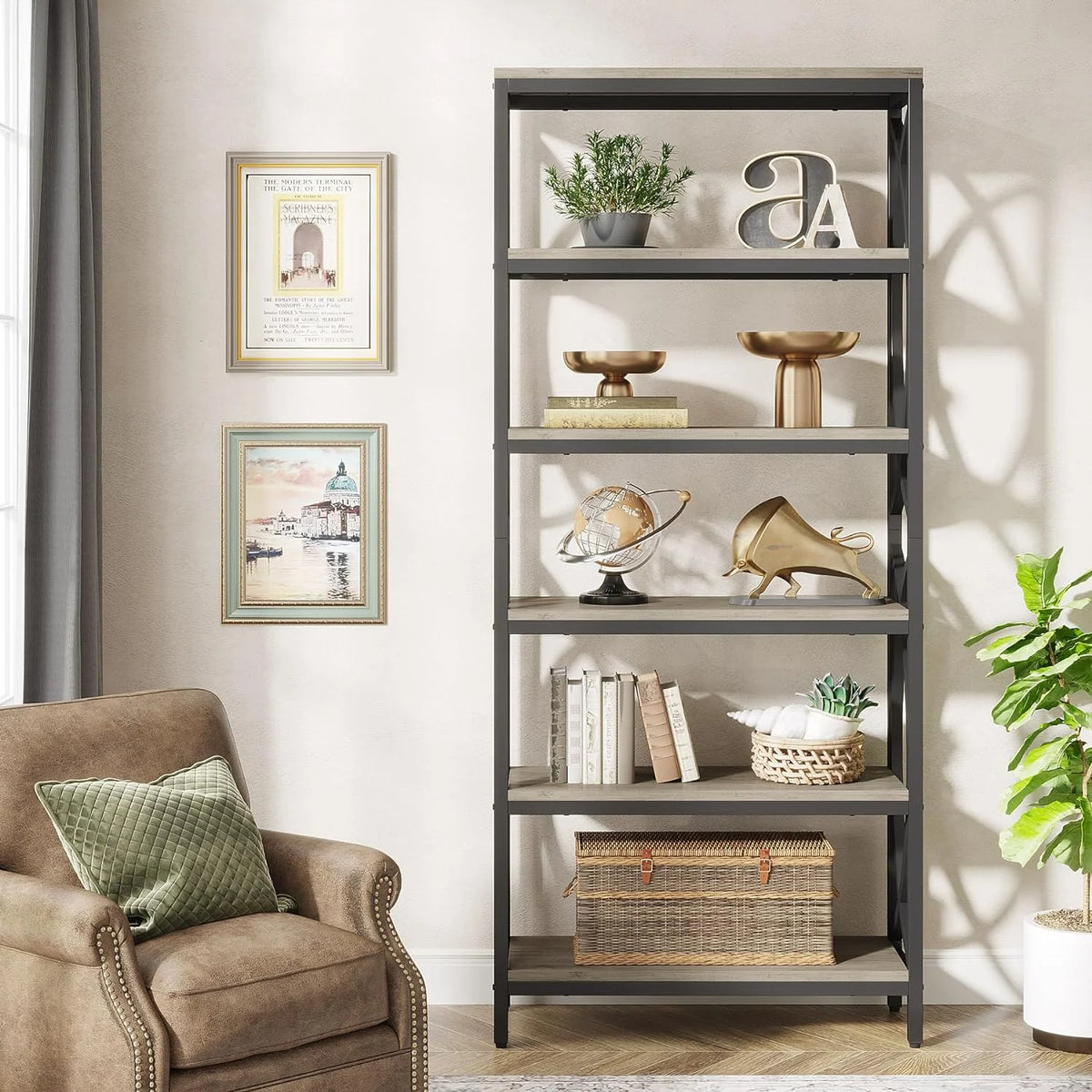 70.8" 6-Tier Metal & Wood Bookshelf I283