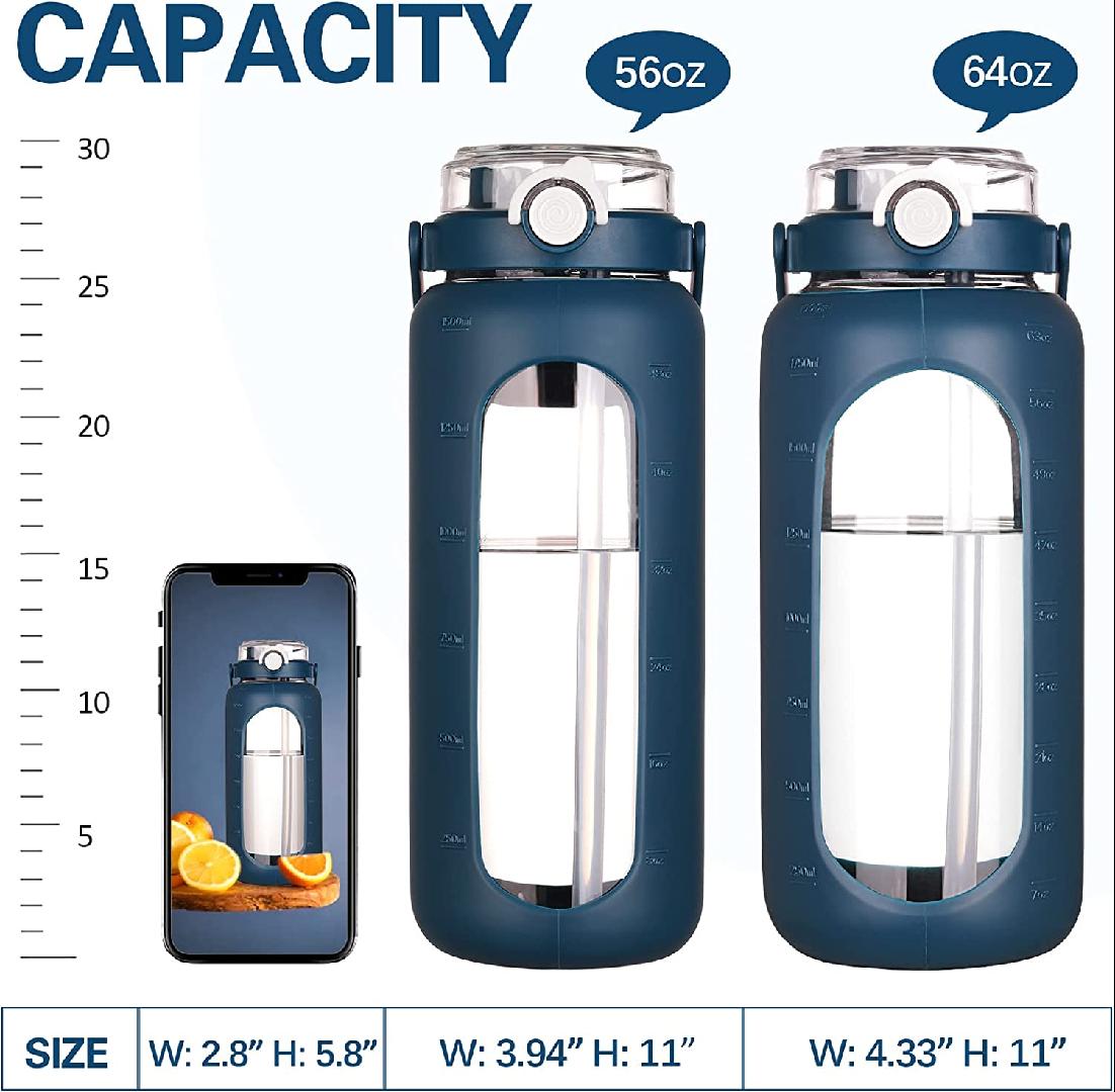 64oz Glass Water Bottle with Straw Time Marker Half Gallon 2L Dark Blue M9918