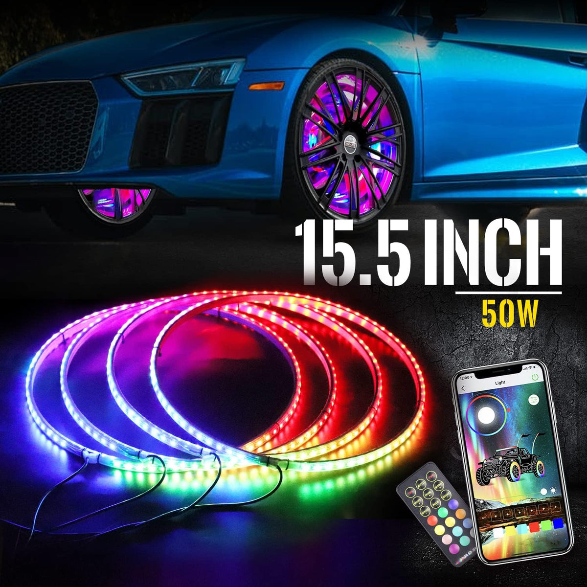 15.5 inch Single Row Wheel Ring Light Kit with Turn Signal and Braking Function 4PCS W159