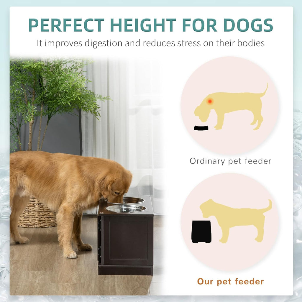 Elevated Dog Bowls with Storage Cabinet, 2 Stainless Steel Bowls, Coffee D8572