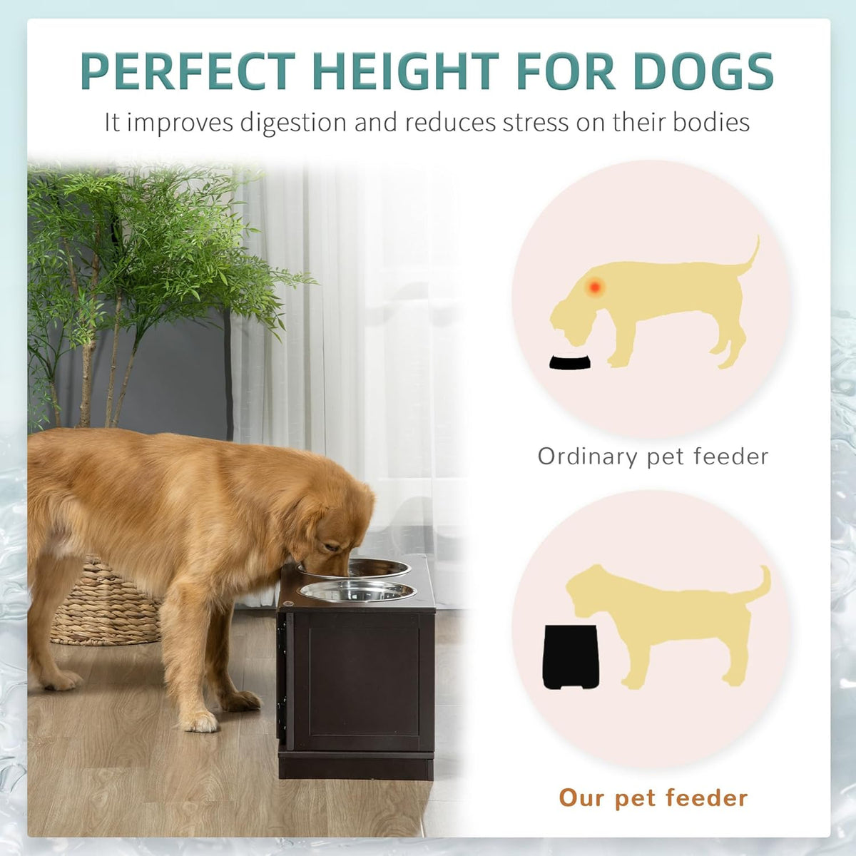 Elevated Dog Bowls with Storage Cabinet, 2 Stainless Steel Bowls, Coffee D8572
