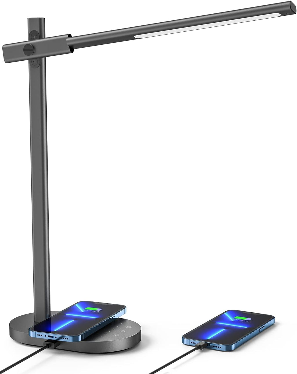 Grey LED Desk Lamp with 10W Wireless Charger, USB Port, 6 Brightness Levels L730