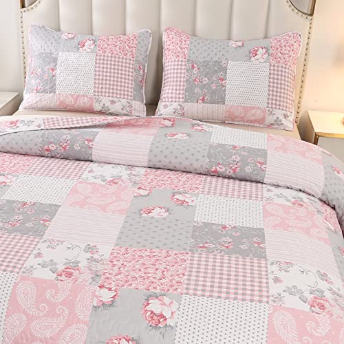 3-Piece King Size Pink Plaid Patchwork Quilt Set E485510