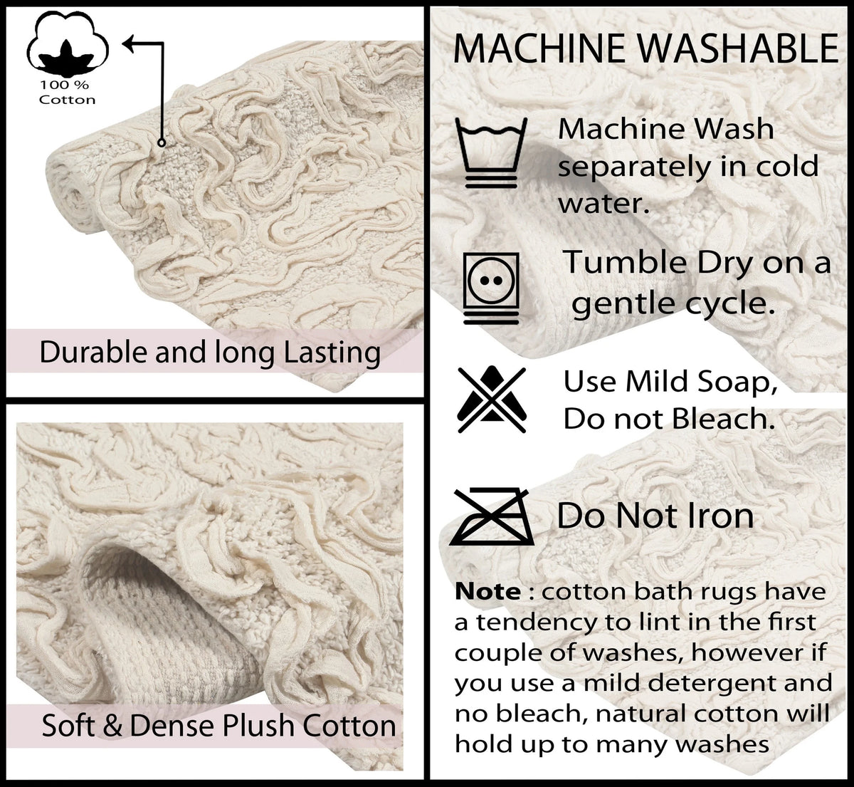 100% Cotton Tufted Bath Rugs, 4 Piece Set with Runner, Ivory V141720