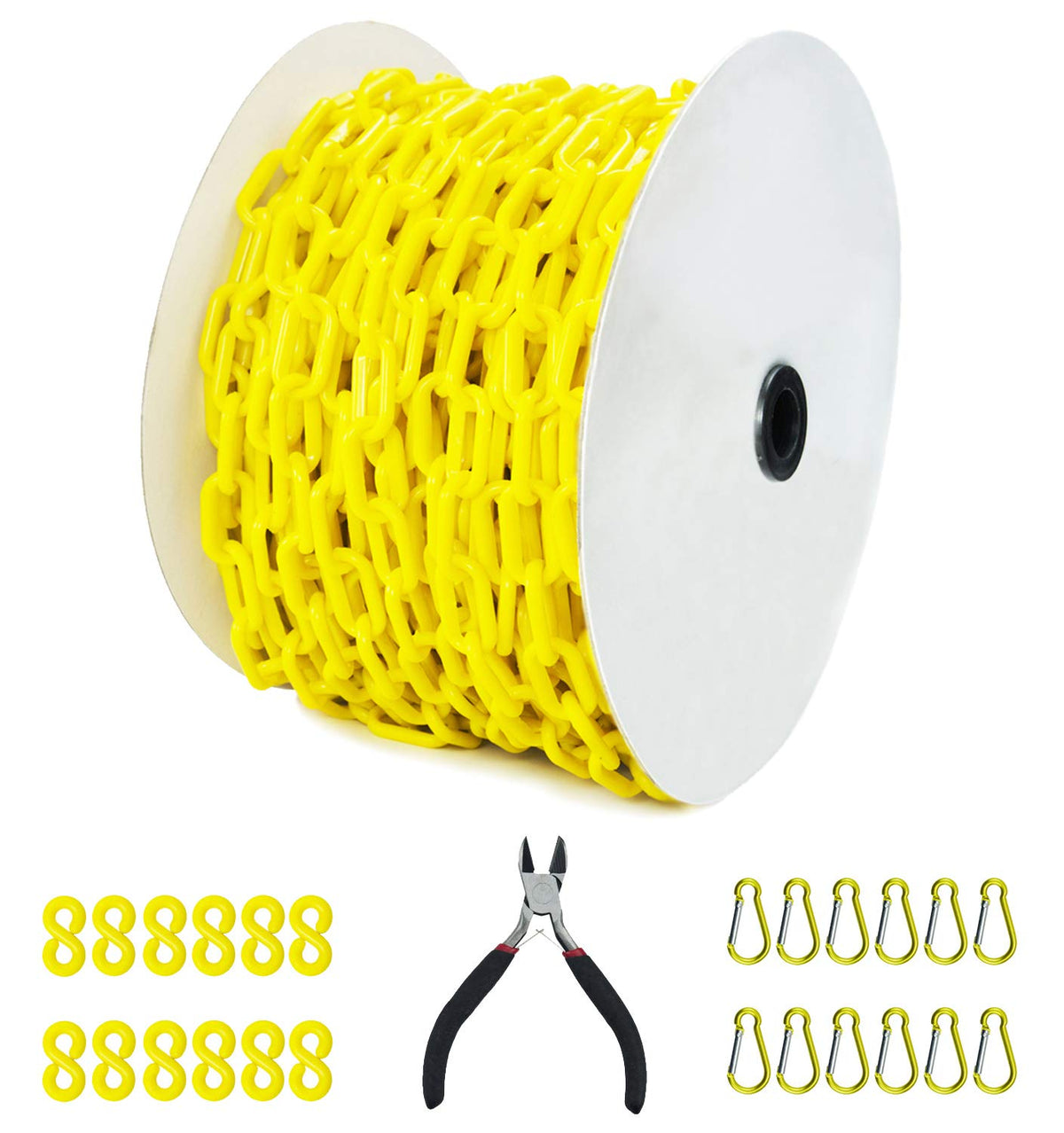 Yellow Plastic Safety Barrier Chain with 12 S-Hooks and 12 Carabiner Clips I77646