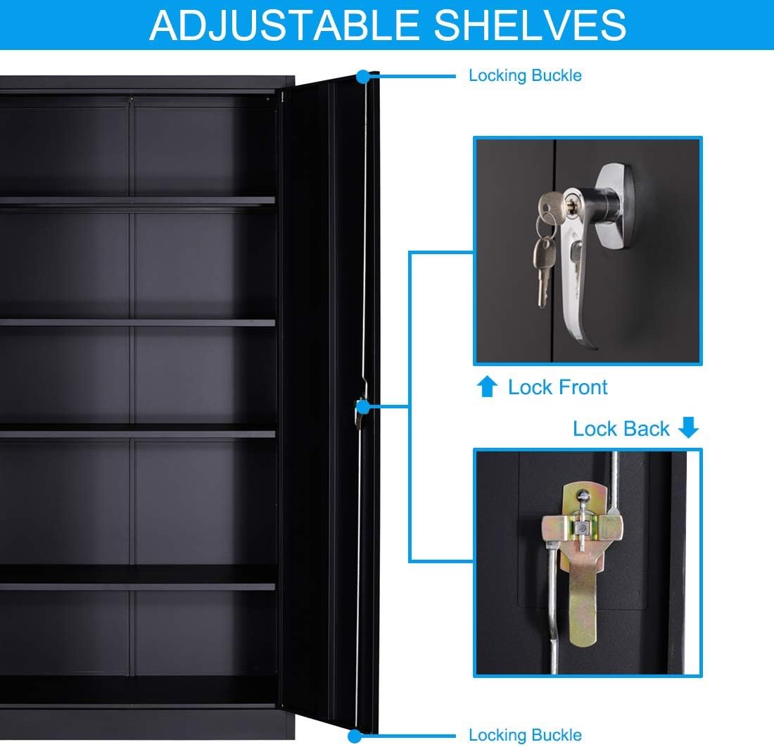 Black Steel Storage Cabinet with 4 Adjustable Shelves and Lockable Doors O3621
