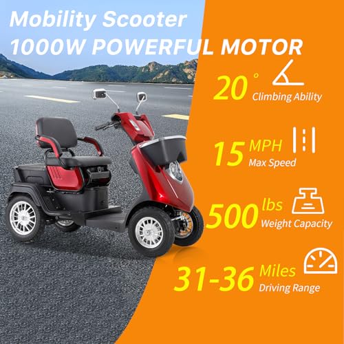 Red Heavy-Duty 4 Wheel Mobility Scooter 500lbs Capacity 1000W A194611