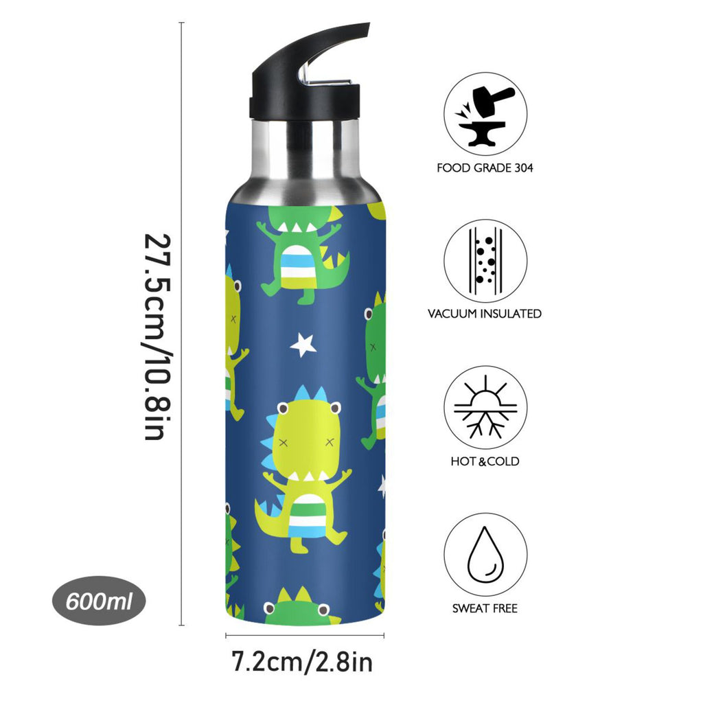 Green Dinosaur Blue Stainless Steel Insulated Water Bottle with Straw Lid C89235