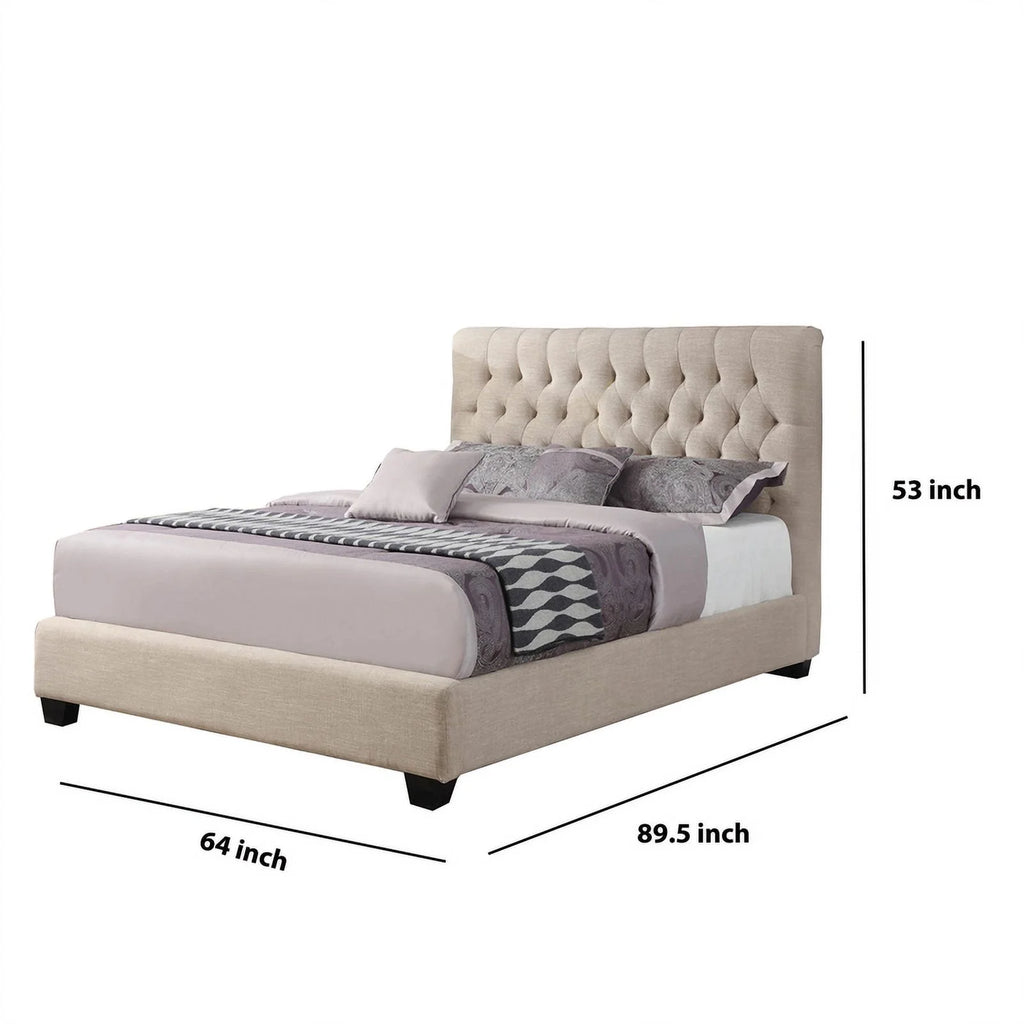 Beige Queen Size Wooden Platform Bed with Tufted Headboard L494