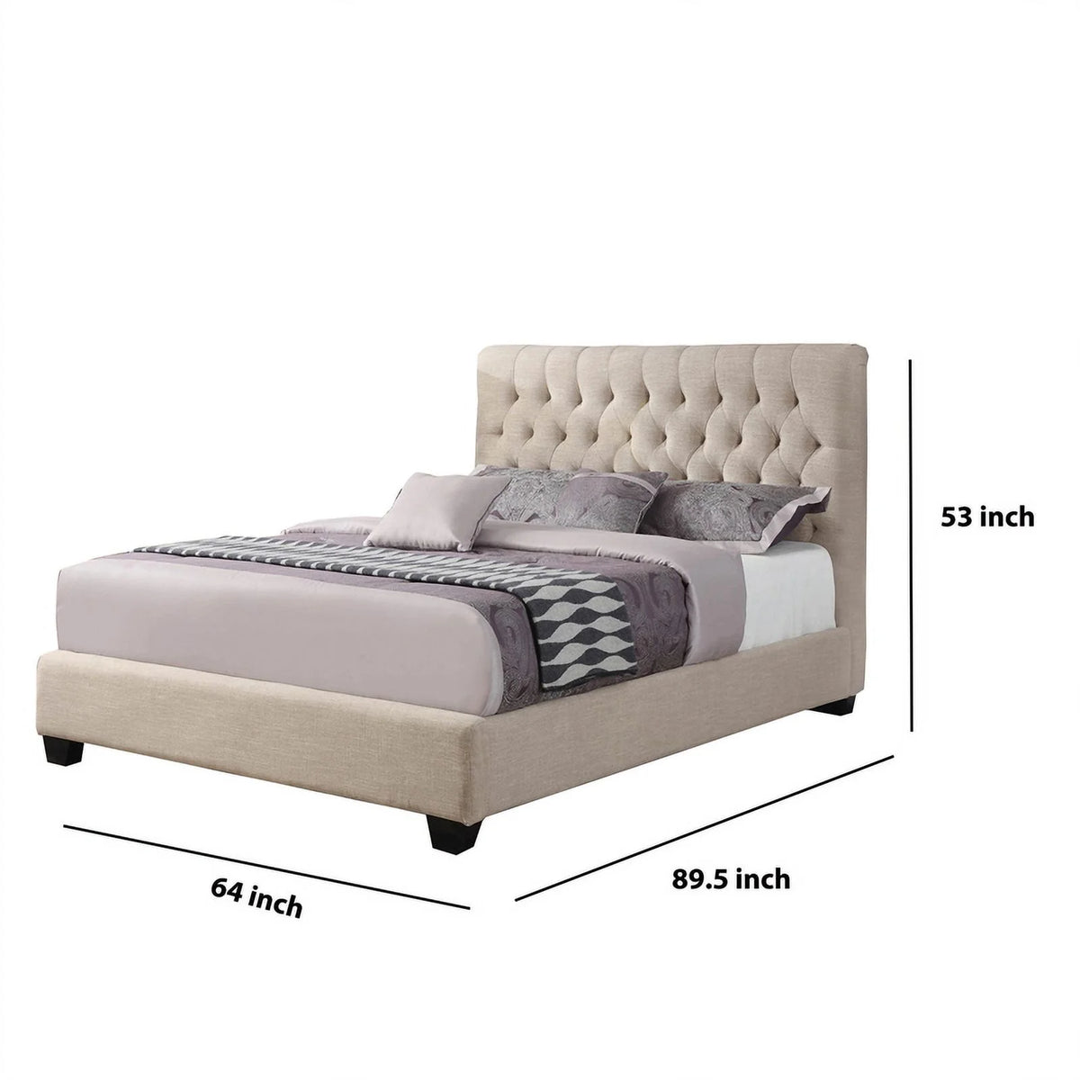 Beige Queen Size Wooden Platform Bed with Tufted Headboard L494