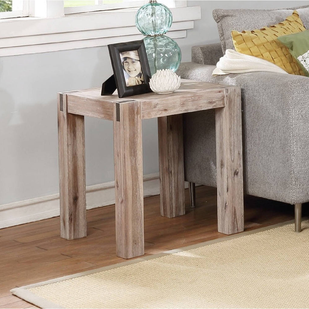 Brushed Driftwood Acacia Wood End Table with Metal Inset Z193