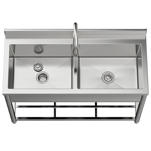 2-Compartment Stainless Steel Utility Sink with Pull-out Faucet A378
