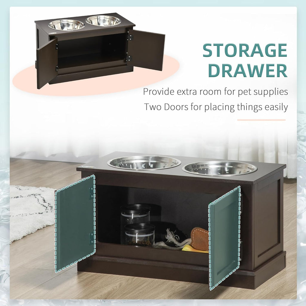 Elevated Dog Bowls with Storage Cabinet, 2 Stainless Steel Bowls, Coffee D8572