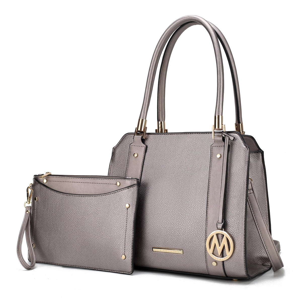 Pewter Vegan Leather Satchel Bag & Wristlet Wallet A9233