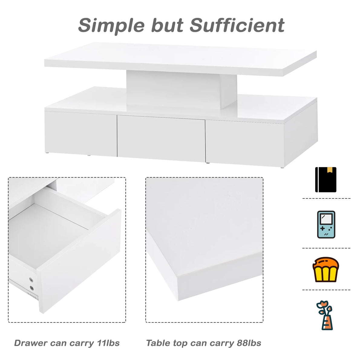 39.3" Coffee Table with Drawer, 2-Tier Rectangle LED White High Gloss D20871