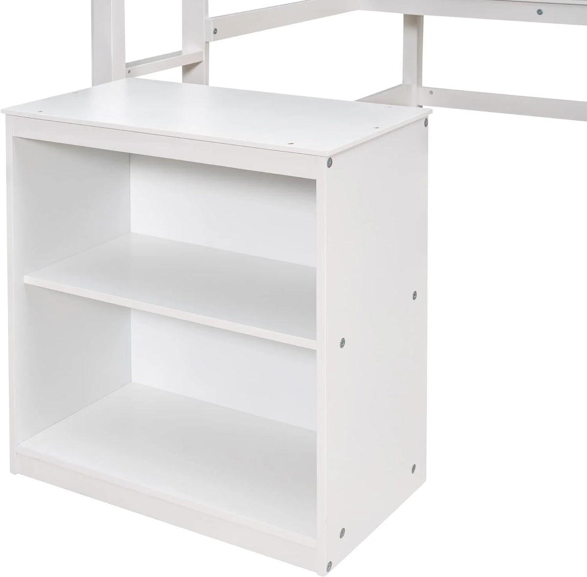 White Full Size Wood Loft Bed Frame with Desk and Storage Shelves X11184