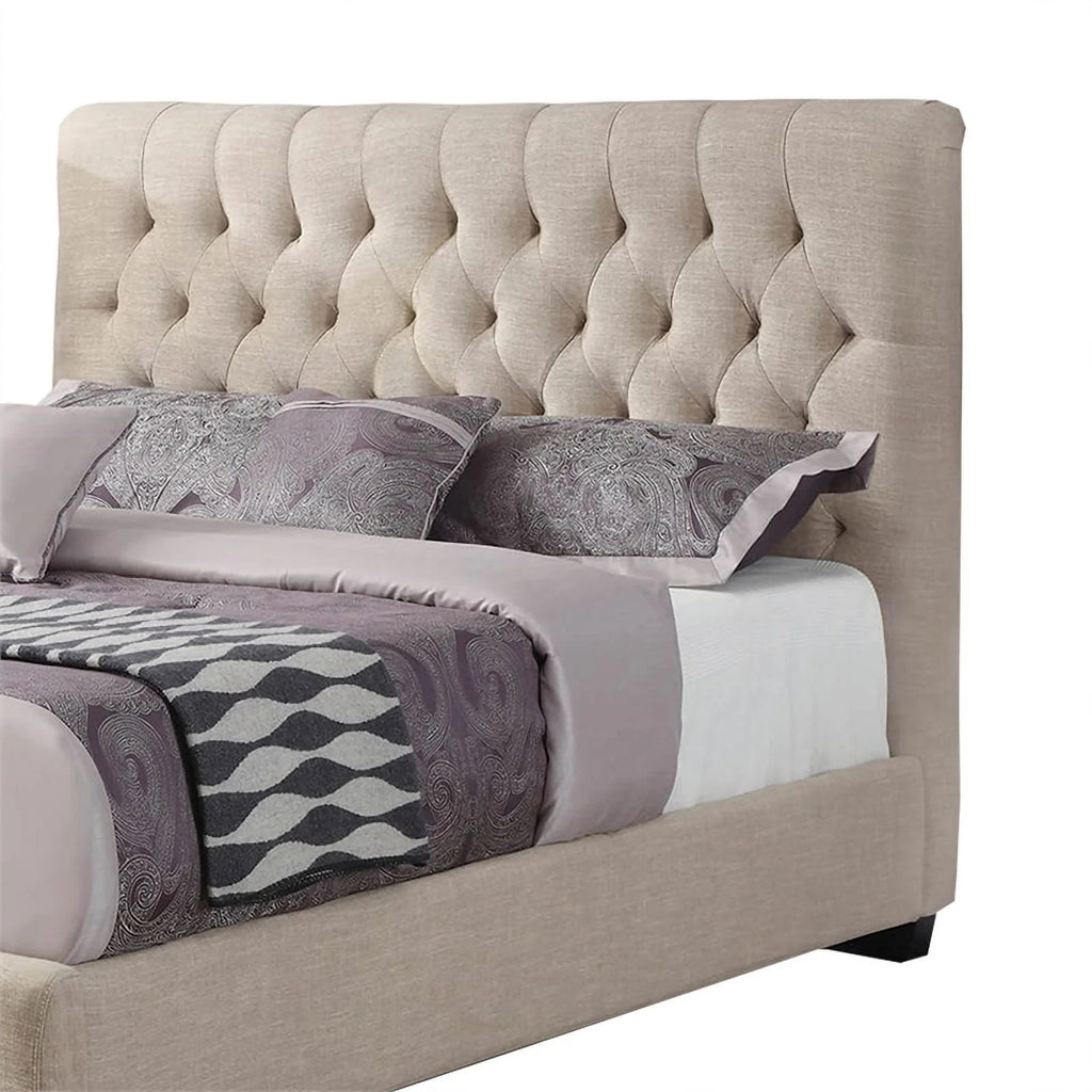Beige Queen Size Wooden Platform Bed with Tufted Headboard L494