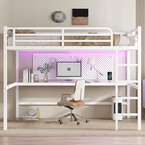 White Twin XL Loft Bed with Stairs and L-shaped Desk D17978