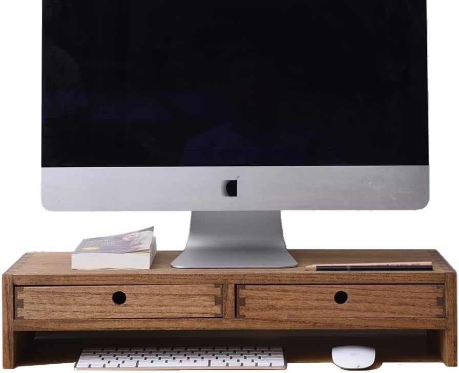 Dark Brown Wood Monitor Stand with 2 Drawers, Pack of 2 P699671