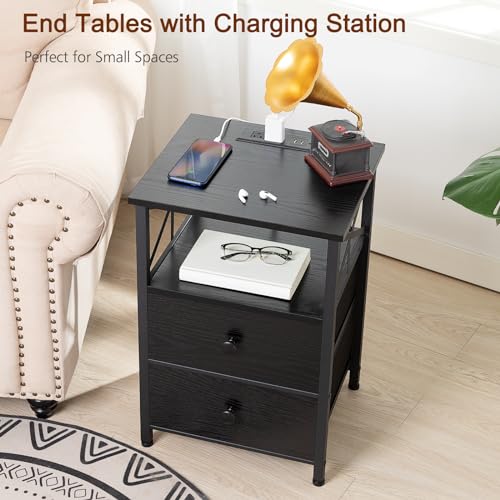 Dark Grey Nightstand Set 2 with Fabric Drawers and Charging Station Q9706