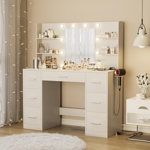 White Vanity Desk with Mirror, LED Lights, 7 Drawers and 6 Storage Shelves Z667453