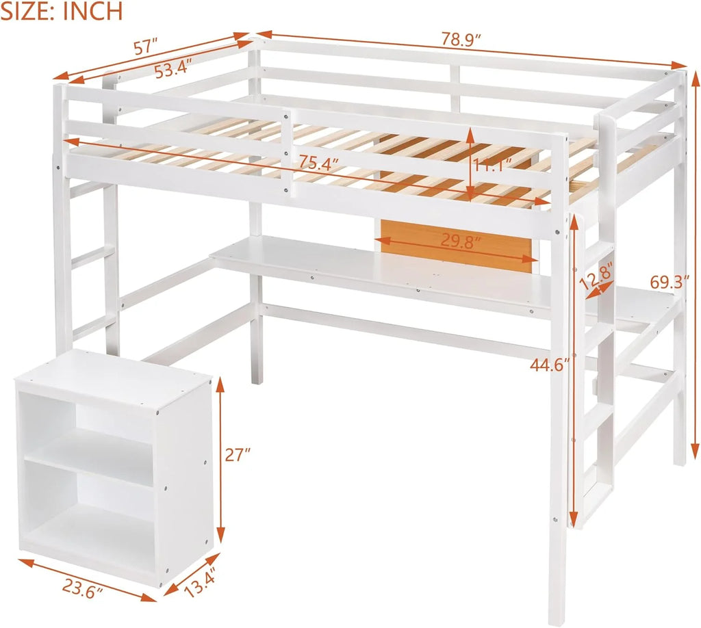 White Full Size Wood Loft Bed Frame with Desk and Storage Shelves X11184