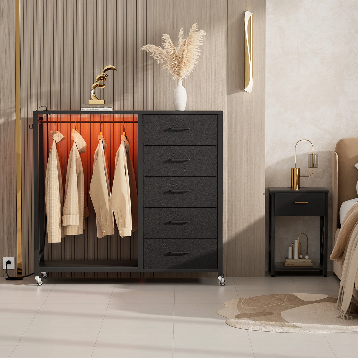 White 5 Drawer Dresser with Clothes Rack D4256