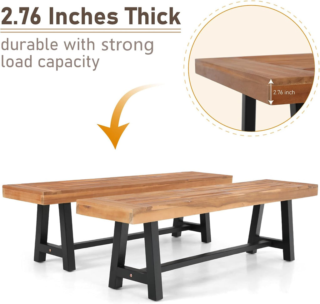 Outdoor Patio Bench Set of 2 Acacia Wood 63 Long Rectangular Dining Bench D37485