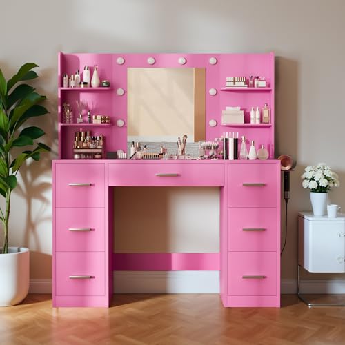White Vanity Desk with Mirror, LED Lights, 7 Drawers and 6 Storage Shelves Z667453