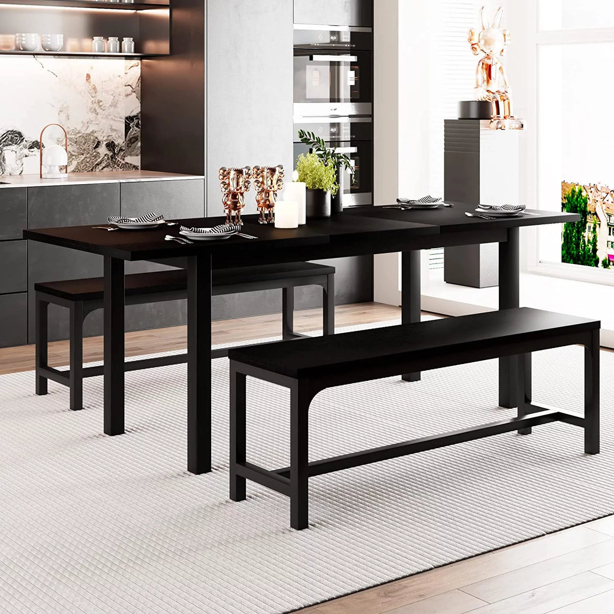 Space Saving Extendable Dining Table Set with Benches I7132
