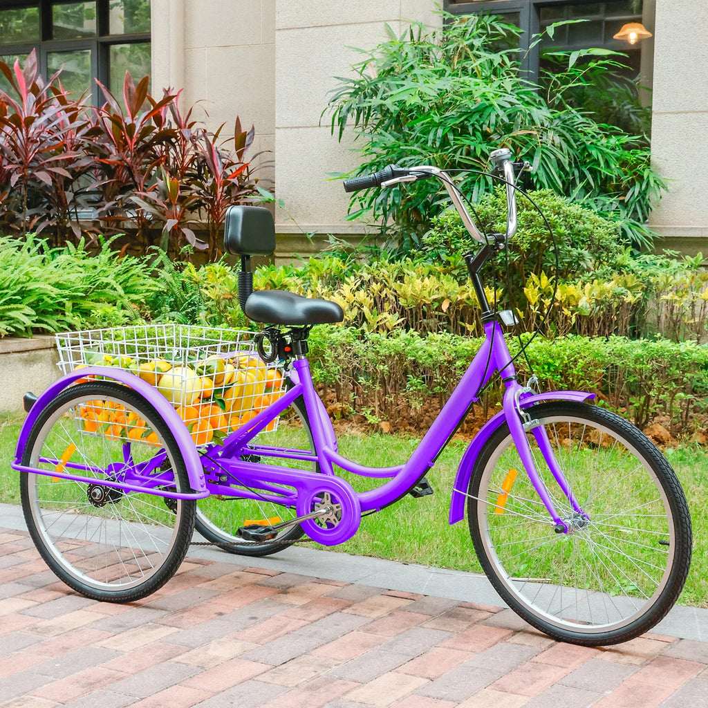 7-Speed Adult Tricycle 24 Purple Cruiser Bike with Seat and Rear Basket W762