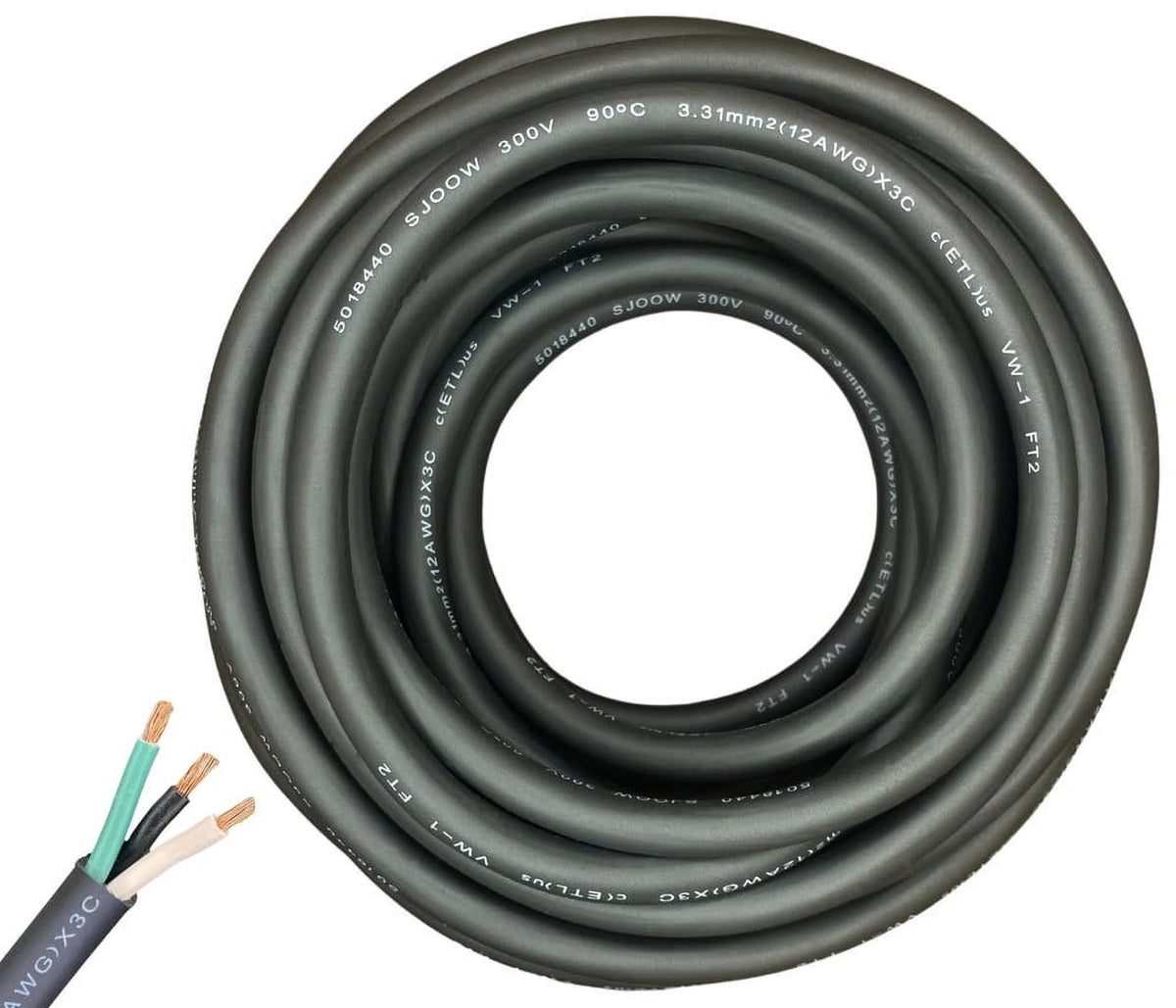 25 Feet 12 Gauge 3 Conductor Black SJOOW Cable T3762