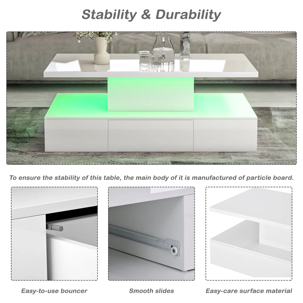 39.3" Coffee Table with Drawer, 2-Tier Rectangle LED White High Gloss D20871