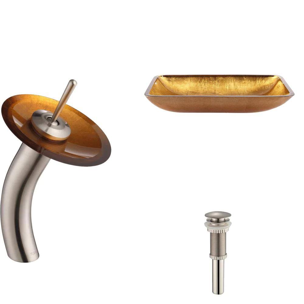 Golden Pearl Rectangular Glass Vessel Sink and Waterfall Faucet I697
