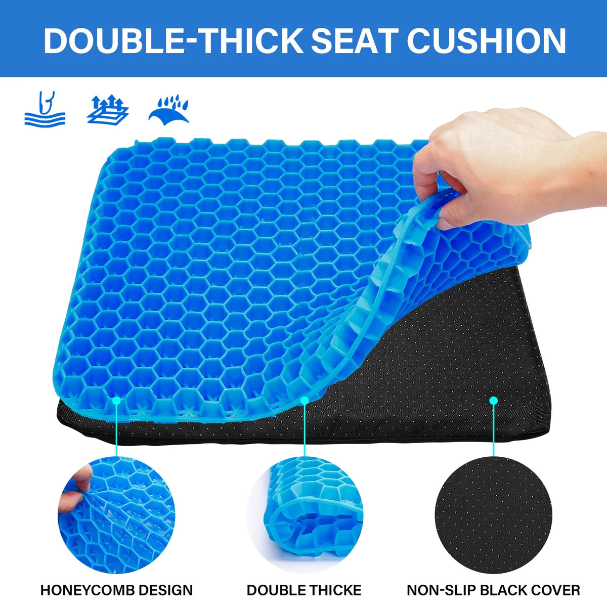 Gel Kayak Seat Cushion with Washable Non-Slip Cover, Waterproof Double Thicken Layer, Breathable Honeycomb Design, 14.9inch*12.9inch*1.1inch B2506