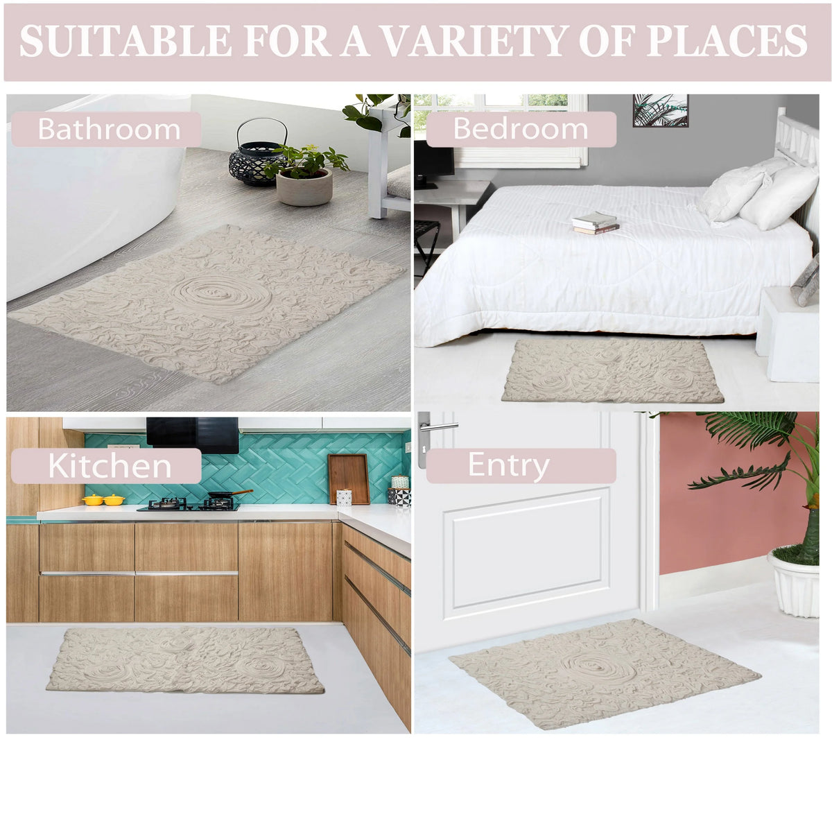 100% Cotton Tufted Bath Rugs, 4 Piece Set with Runner, Ivory V141720