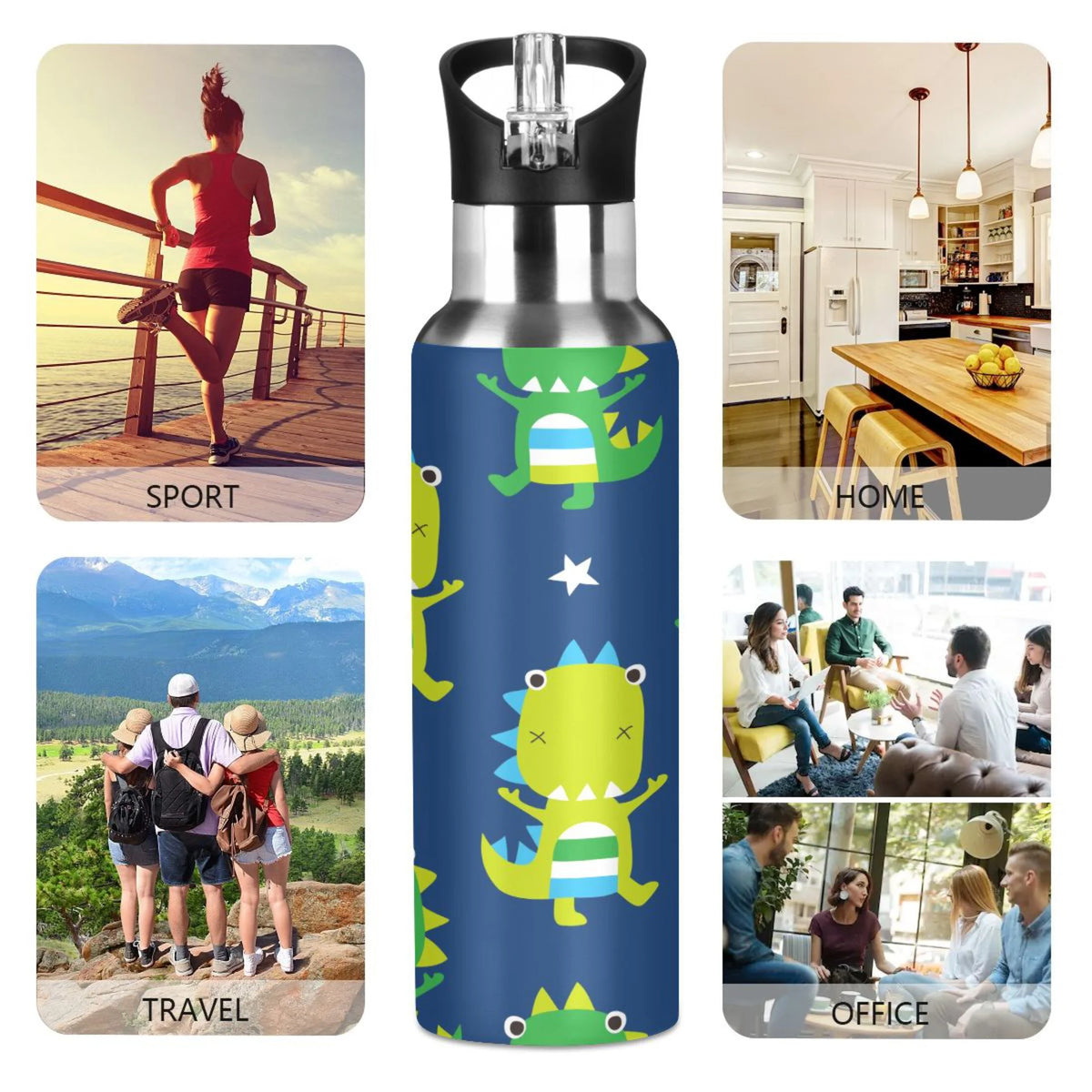 Green Dinosaur Blue Stainless Steel Insulated Water Bottle with Straw Lid C89235