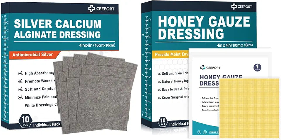 Silver Calcium Alginate Dressing 4''x4'' 10pcs + Manuka Honey Gauze Dressing 4'' x 4'' 10pcs C4330