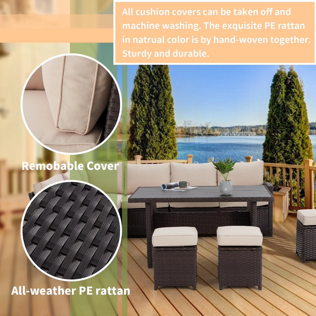 7-Piece Beige Rattan Wicker Sectional Sofa Set A756221