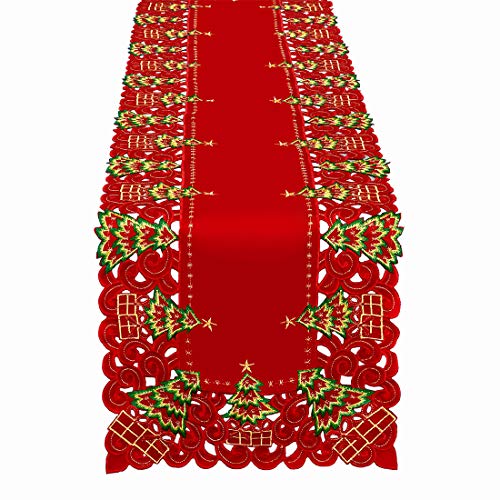 Embroidered Christmas Holly Tree Table Runner, Rectangular 16 x 72 Inch J31841