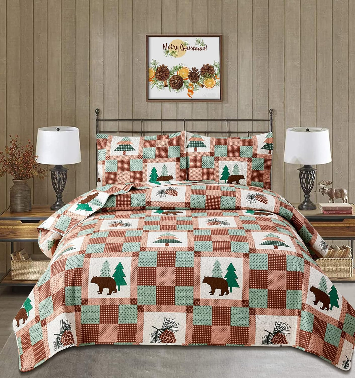 Full/Queen Size Plaid Quilt Set Black White Patchwork Bedspread M907380