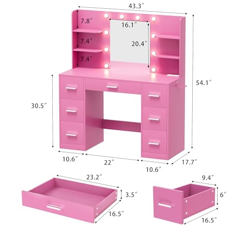 White Vanity Desk with Mirror, LED Lights, 7 Drawers and 6 Storage Shelves Z667453