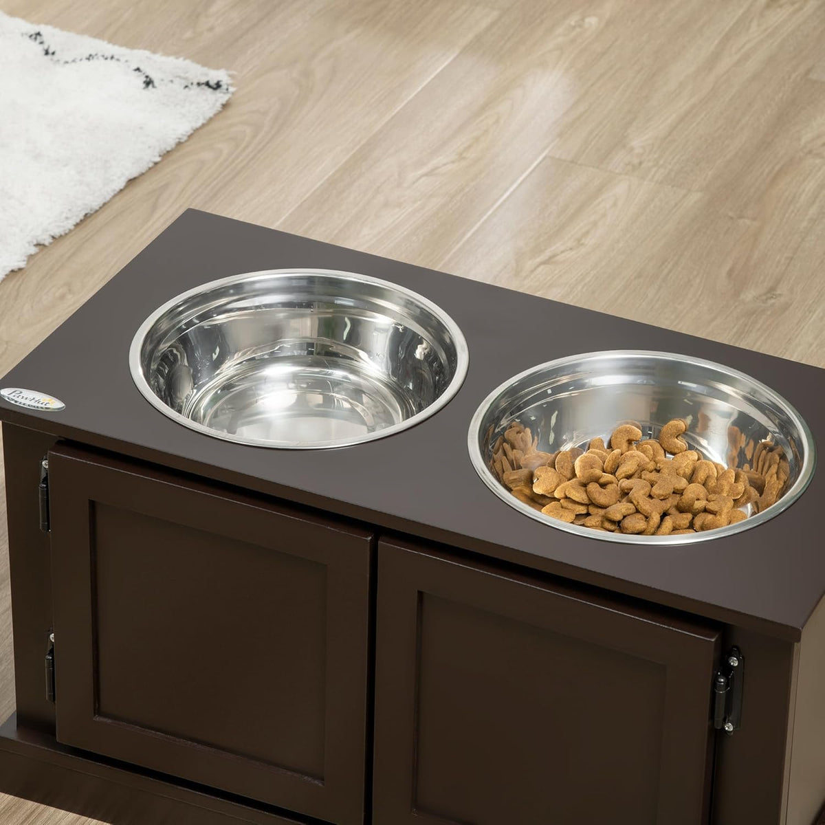 Elevated Dog Bowls with Storage Cabinet, 2 Stainless Steel Bowls, Coffee D8572