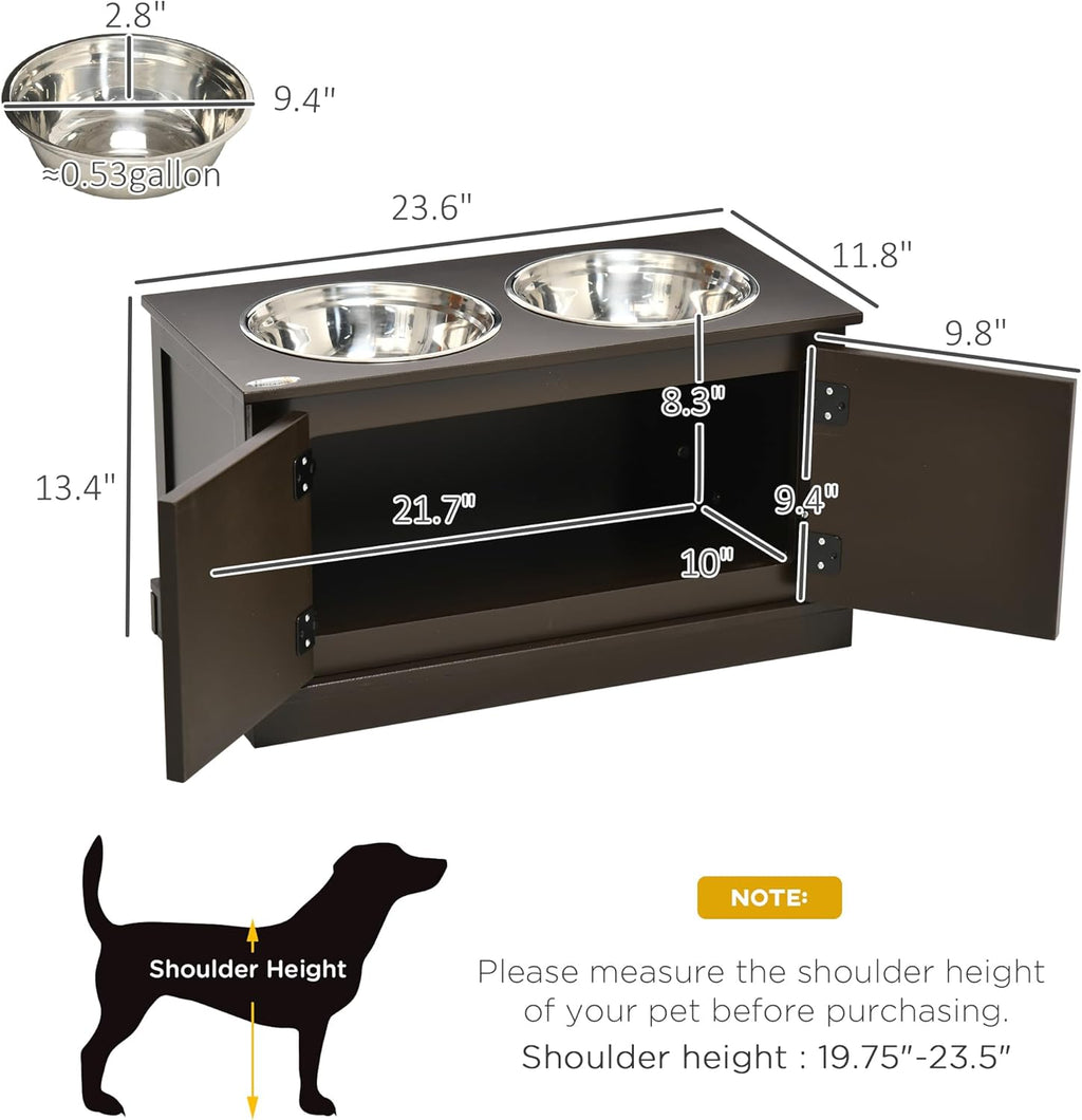 Elevated Dog Bowls with Storage Cabinet, 2 Stainless Steel Bowls, Coffee D8572